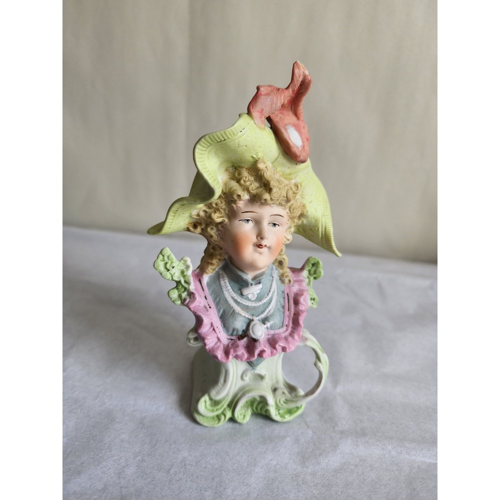 Antique Bisque Porcelain Bust Victorian Lady Figurine Green Hat Pink Plume 10358